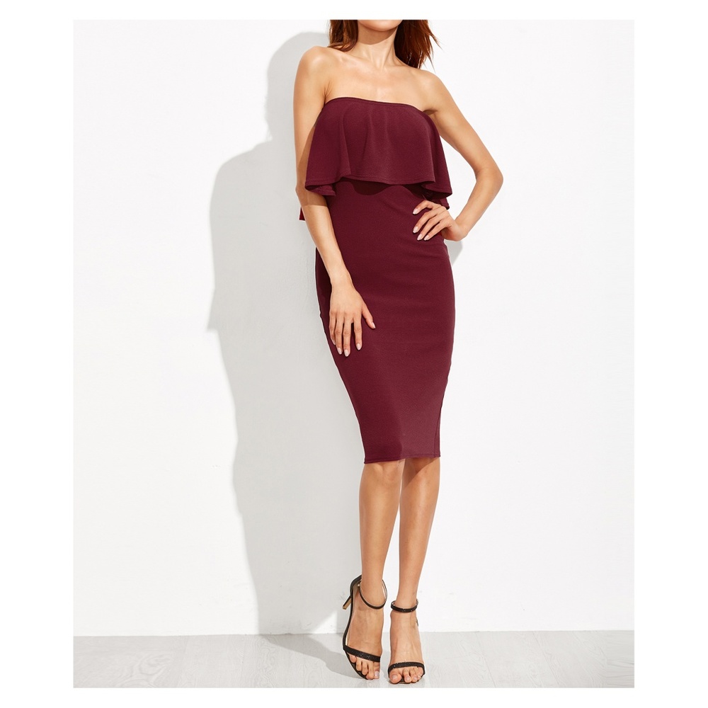 Burgundy Red Strapless Flounce Pencil Midi Dress - Picture 5 of 5